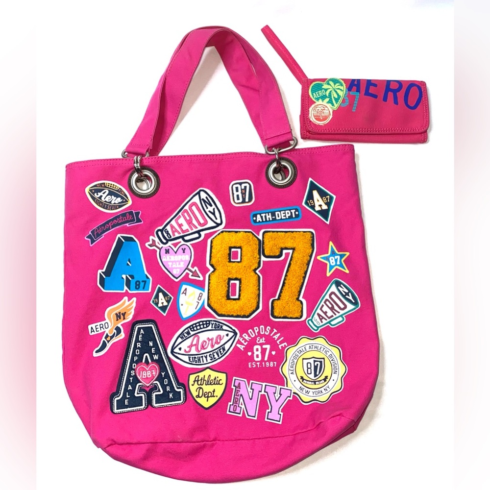 Aeropostale Pink Shoulder Bag & Zipper Wallet. Cute Everyday Canvas Tote Bag